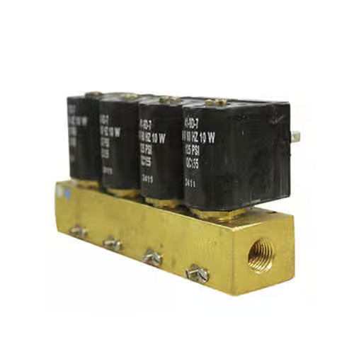 Dema Solenoid Valve Four Station Manifold with DIN Coil, 1/4in FPT Inlet/Outlet, 24V, Brass Body, DEMA 492M4M.8.3D Car Wash Superstore