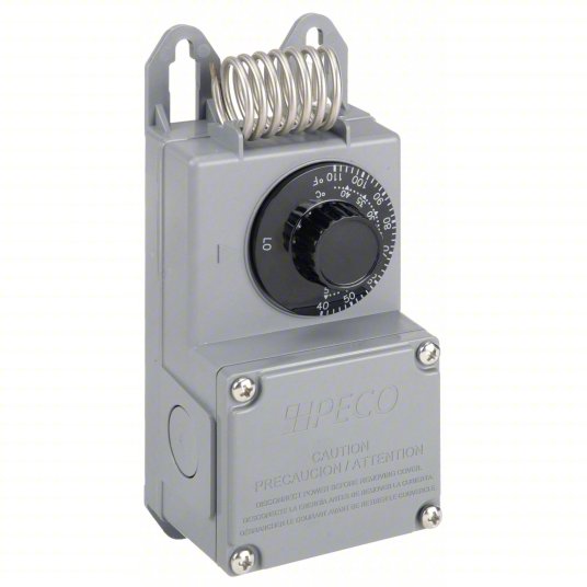 PECO Line Volt Mechanical Tstat: Heat or Cool, Plastic, 40° to 110°F, 3°F, Hydraulic Air Coil