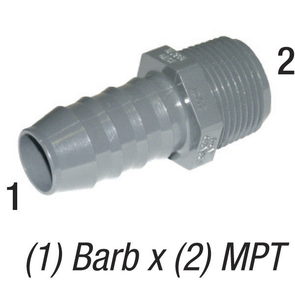 Adapter, 3/4in MPT x 3/4in Barb, PVC SCH40, 1436-007, Gray Car Wash Superstore