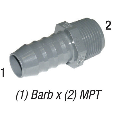 Adapter, 1/2in MPT x 3/4in Barb, PVC SCH40, 1436-074, Gray Car Wash Superstore