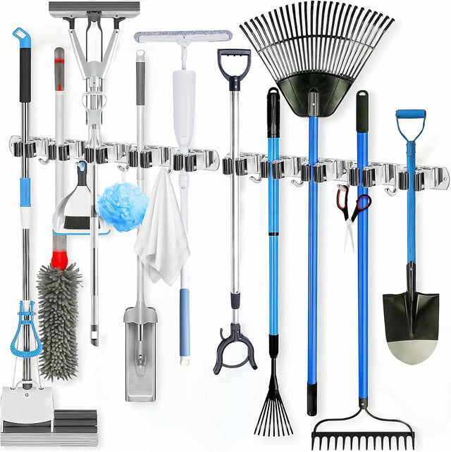 2 Pack Wall Mount Broom Holder Stainless Steel 5 Racks with 4 Hooks Broom Organizer Self Adhesive Car Wash Superstore