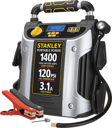 Digital Portable Power Station Jump Starter 1400 Peak Amp Battery Booster, 120 PSI Digital Air Compressor, 3.1A USB Ports, Battery Clamps Car Wash Superstore