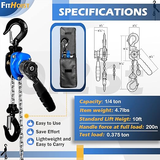 Mini Chain Hoist 1/4 ton 550Lbs Capacity 10ft Lift Small Come Along Alloy Steel G80 Chain 2 Heavy Duty Hooks Car Wash Superstore