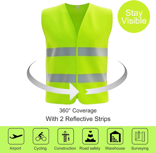 10 Pack High Visibility Safety Vest for Traffic Work with 2 Reflective Strips, Neon Yellow Mesh Fabric Car Wash Superstore