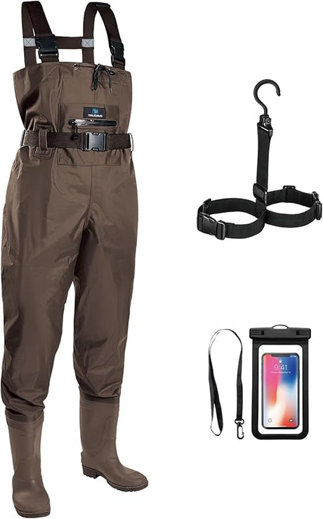Chest Wader, 2-Ply Nylon/PVC Waterproof Waders with Boot Hanger for Men and Women Brown Size 13 Car Wash Superstore