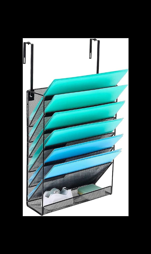 7-Compartment Wall Mounted Hanging File Organizer Cubicle Wall File Holder Vertical Document Organizer for Office Home, Black