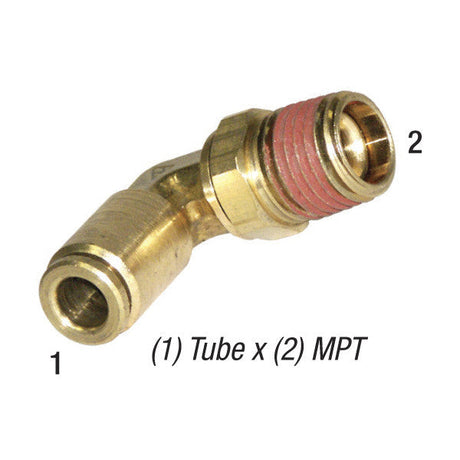 Push-in elbow swivel, 3/8in tube x 3/8in MNP, 285PSI, 0°-150°F, brass, 20-086 Sonny's