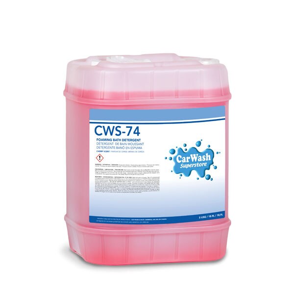 Car Wash Superstore cherry foam brush detergent in a 5-gallon container, offering a rich, foamy solution for vehicle cleaning.