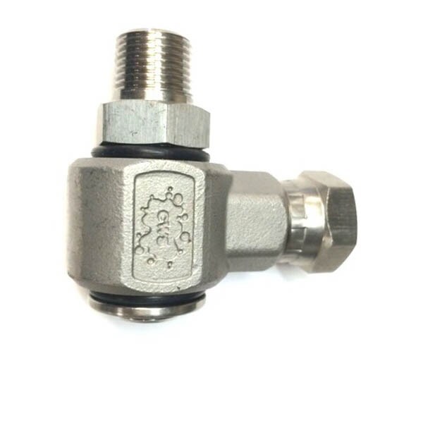 Parker 90° 3/8 MPT x FPT Boom Swivel, designed for smooth fluid transfer and rotational movement in industrial settings.