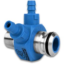 Hydra-Flex 3/8" MPT x 3/8" MPT Dual Port Dark Blue Chemical Injector designed for high-efficiency chemical dispensing in car wash applications.
