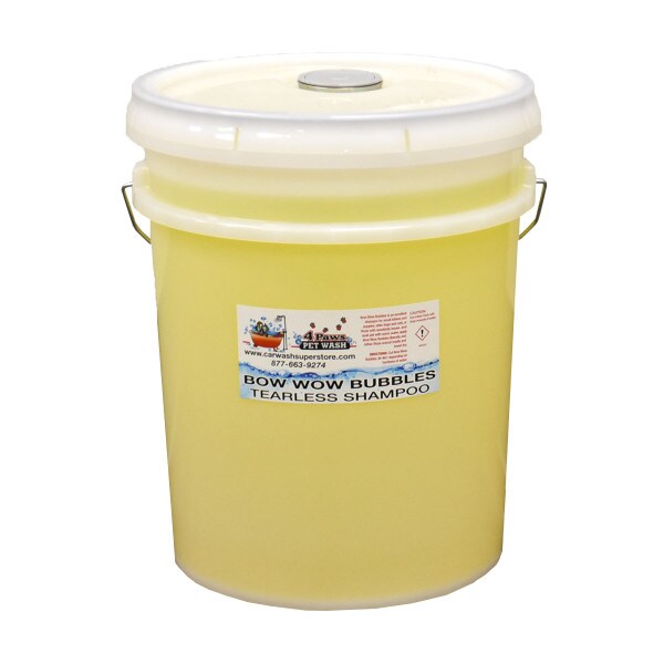 CWS 4 Paws Bow Wow Bubbles Tearless Shampoo, 5-gallon container, formulated for gentle cleaning of pets without irritation.